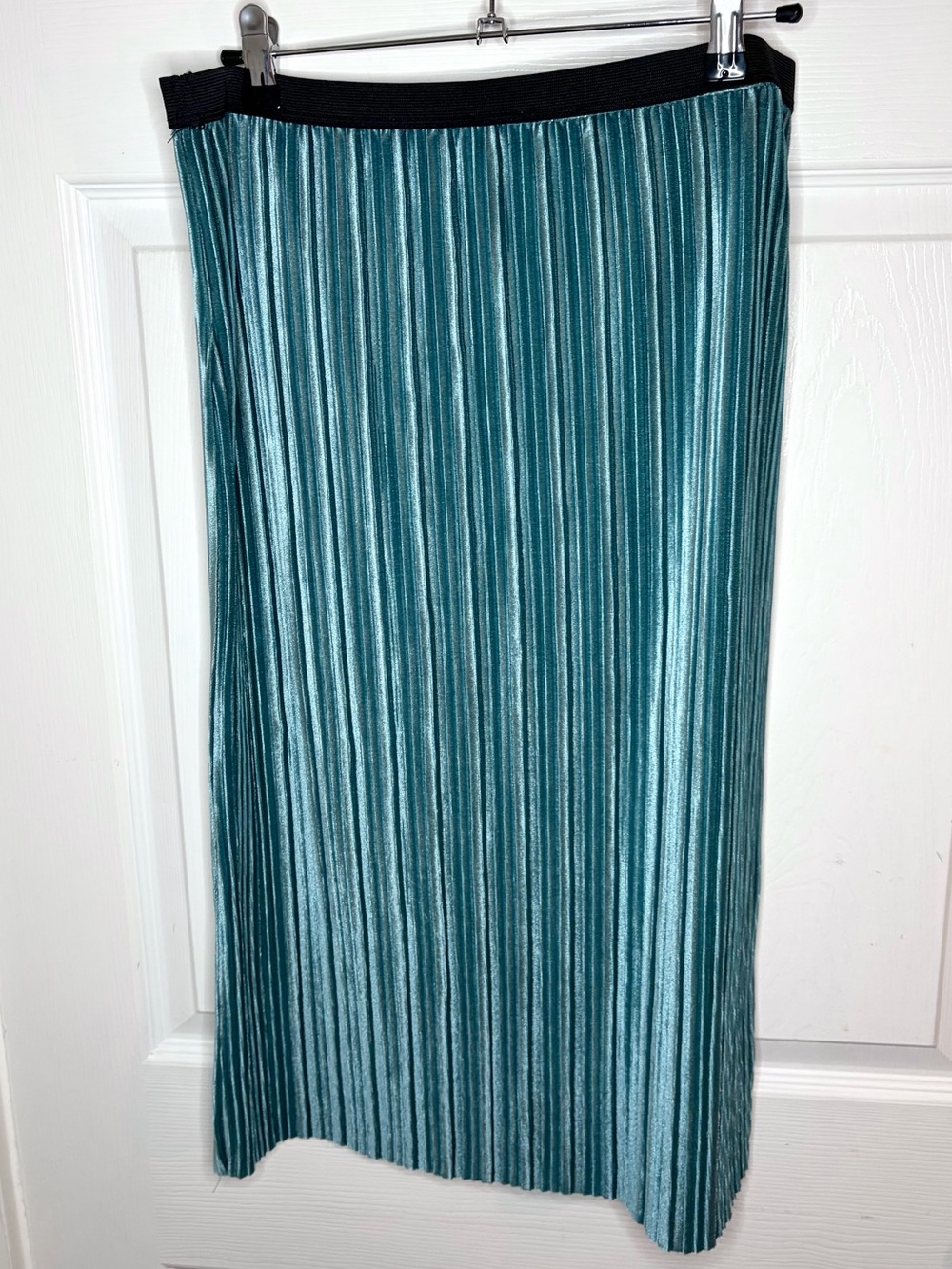 Leith Teal Blue Green Pleated Midi Velour Velvet Skirt Black Elastic Waistband L - Picture 11 of 13